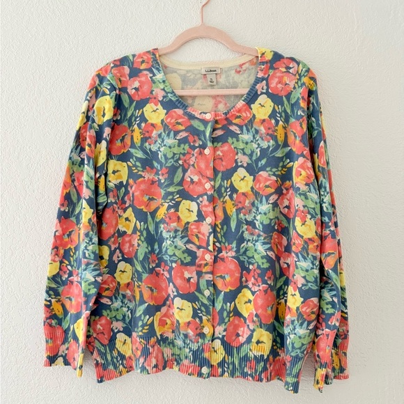 L.L. Bean Womens Cardigan Sweater XL Floral Cotton Blend Long Sleeve Stretch - Picture 9 of 9